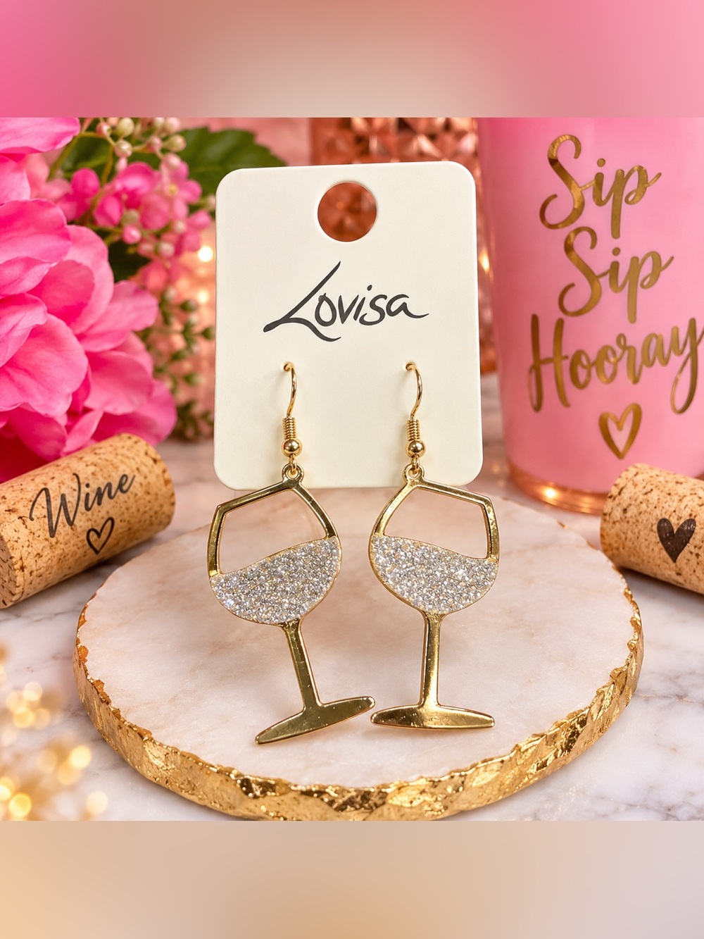🍷 Lovisa Sparkly Wine Glass Drop Earrings – Gold Tone Rhinestone
